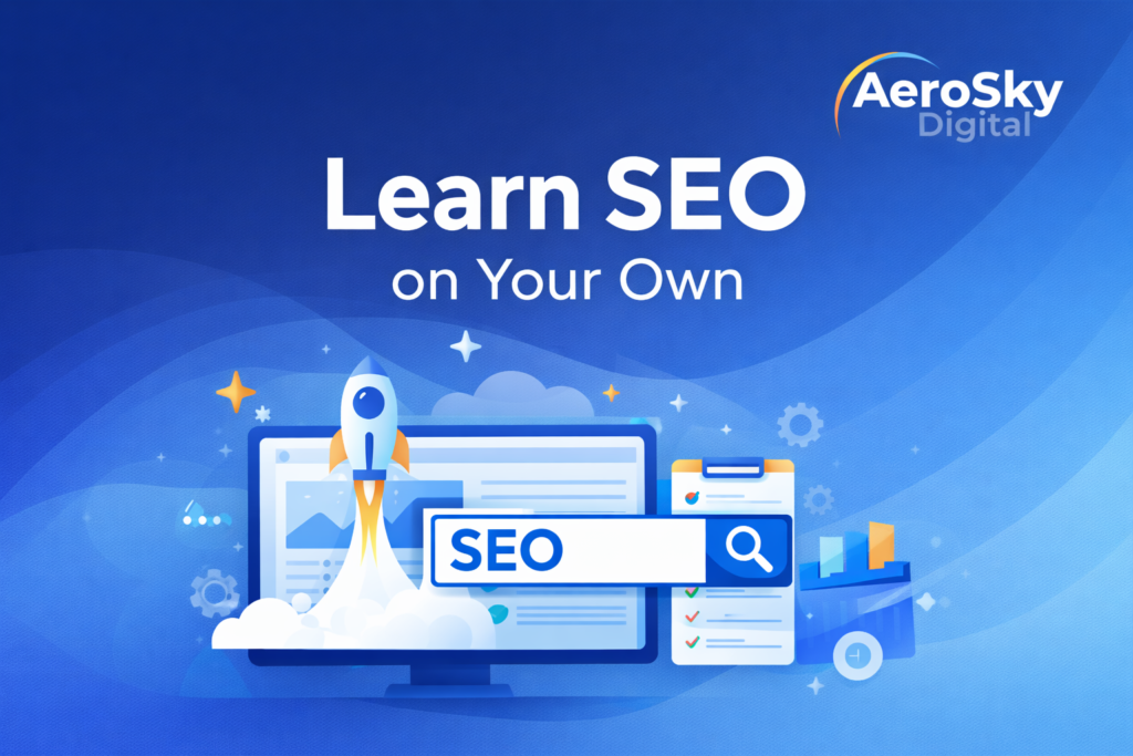 Learn SEO on your own with step-by-step SEO illustration and AeroSky Digital branding