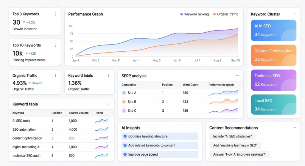 AI in SEO dashboard showing keyword analysis and ranking insights.